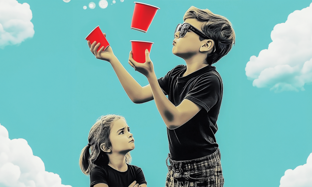 A sibling rivalry situation: a cool looking boy juggles red cups while his sister watches feeling annoyed.