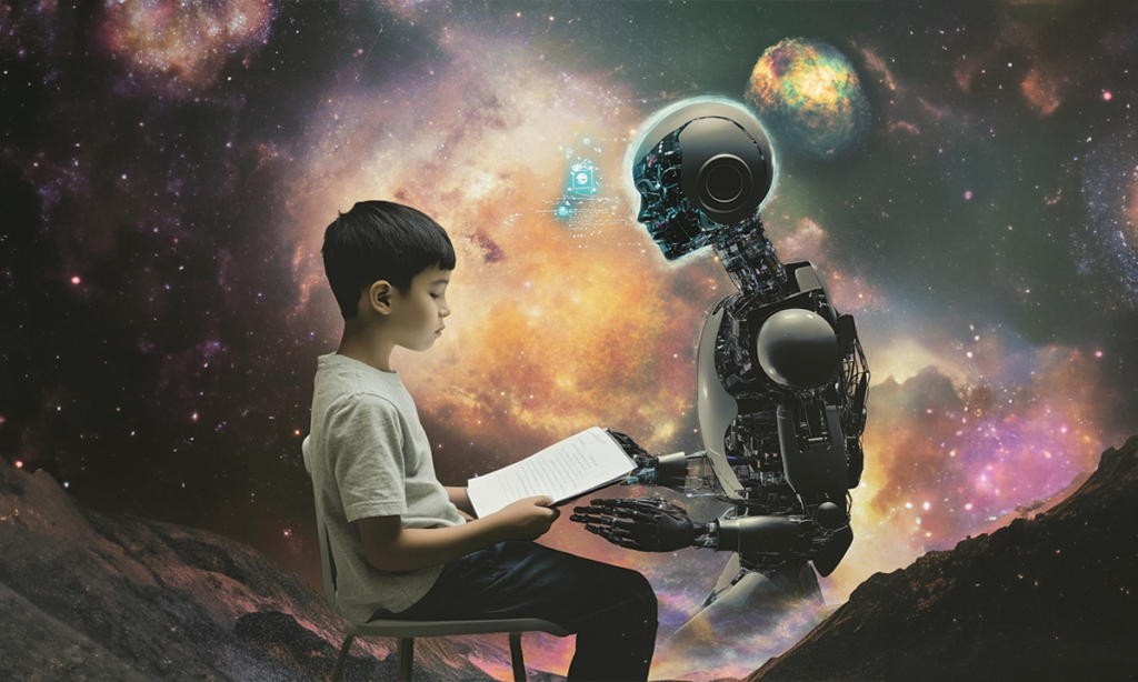 A kid using an AI robot to help him write when homework is hard