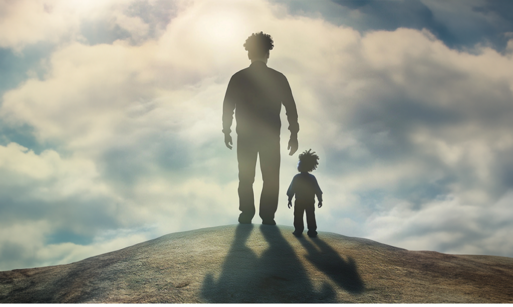 A father standing proudly on the hill side next to his child.