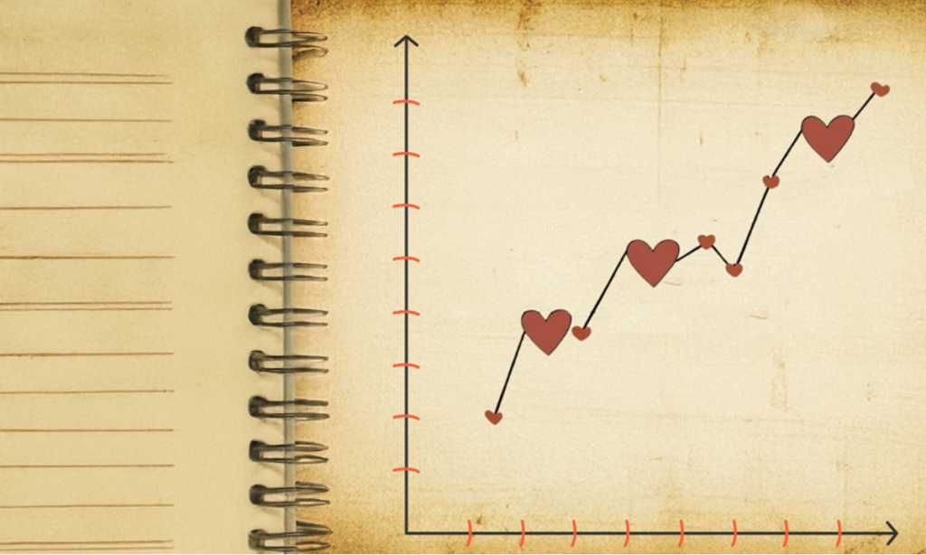 A graph showing hearts rising over time, to show love accumulating, helping parents avoid parenting burnout