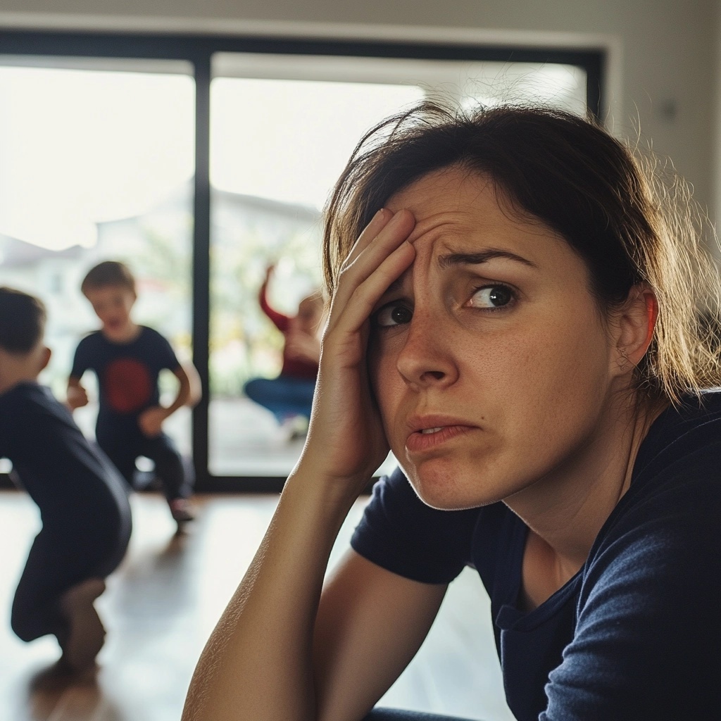 Kids fighting in the background, not listening to their mom, who is exhausted and worried.